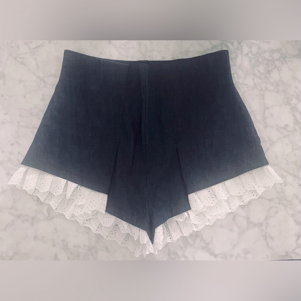 Anastasia Romantsova Denim Lace Trim Hot Pants